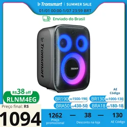 caixa de som Tronsmart Halo 200 caixa de som bluetooth Saída de alto-falante 120 W com sistema de som de 3 vias, 120 W, microfone integrado/com fio, entrada de guitarra, controle de APP