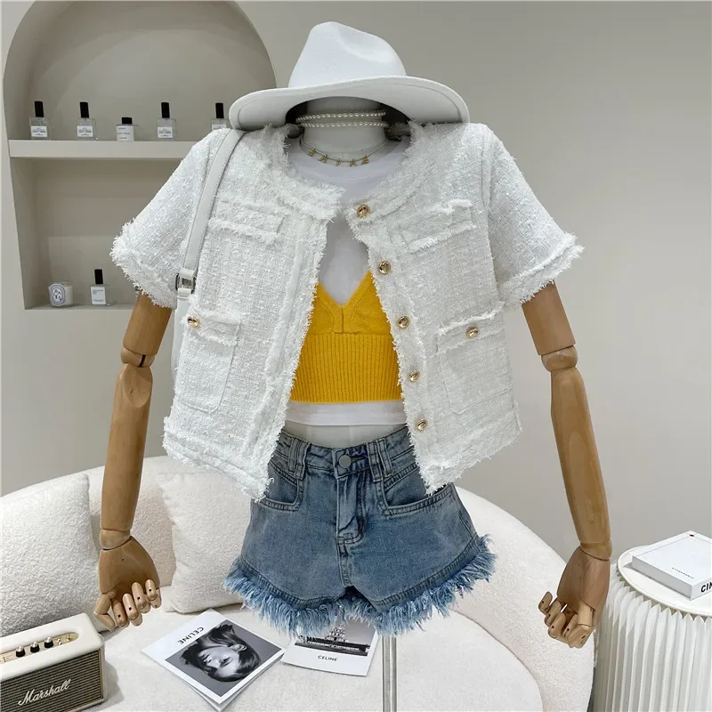 Coats & Jackets Summer Clothing Fashion Lady Office Pink O Neck Short Sleeve Tweed  Temperament Sweet Chic Korean