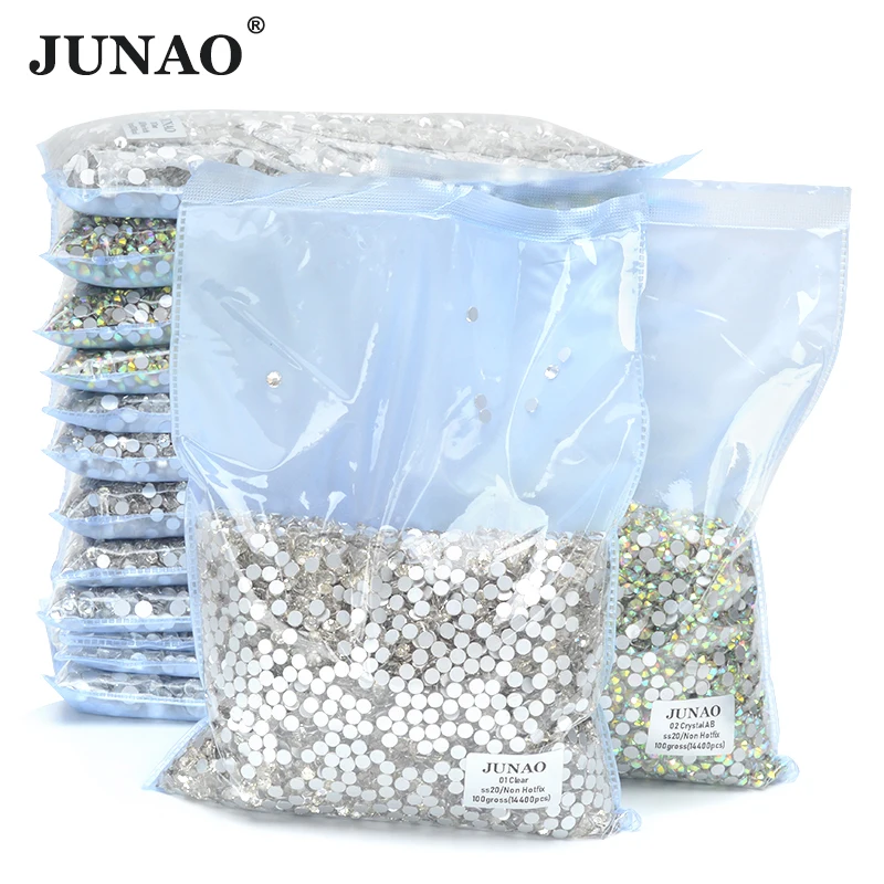 JUNAO 100Gross SS3 SS4 SS5 SS6 SS30 SS40 SS50 Large Size Glass Rhinestone Flatback Non Hotfix Crystal Appliques For Nail Clothes