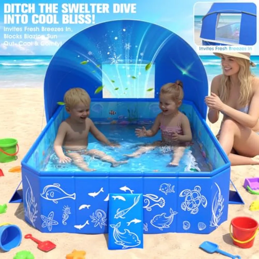 Outdoor pop-up kiddie pool with canopy for backyard use, durable PVC material, blue color, non-inflatable and foldable design w view 4