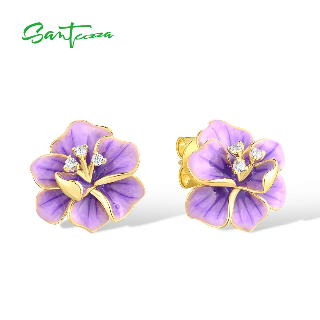 

SANTUZZA Pure 925 Sterling Silver Earrings For Women White CZ Purple Enamel Glamorous Flower Wedding Engagement Fine Jewelry