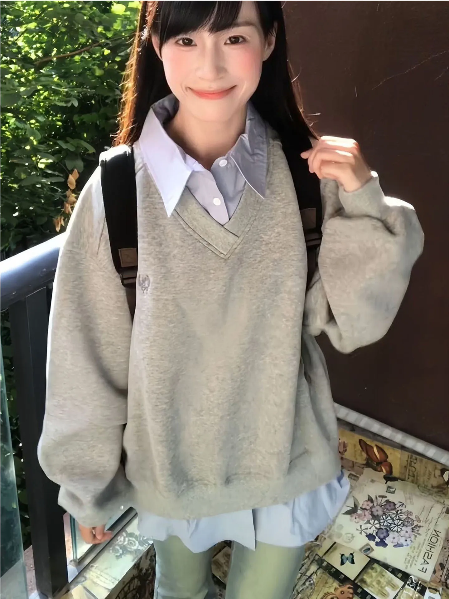 

Корейский молодежный свитшот-обманка (имитация двухслойности) для женщин, повседневный свободный крой, весна-осень, новый, модный, стройнящий топ