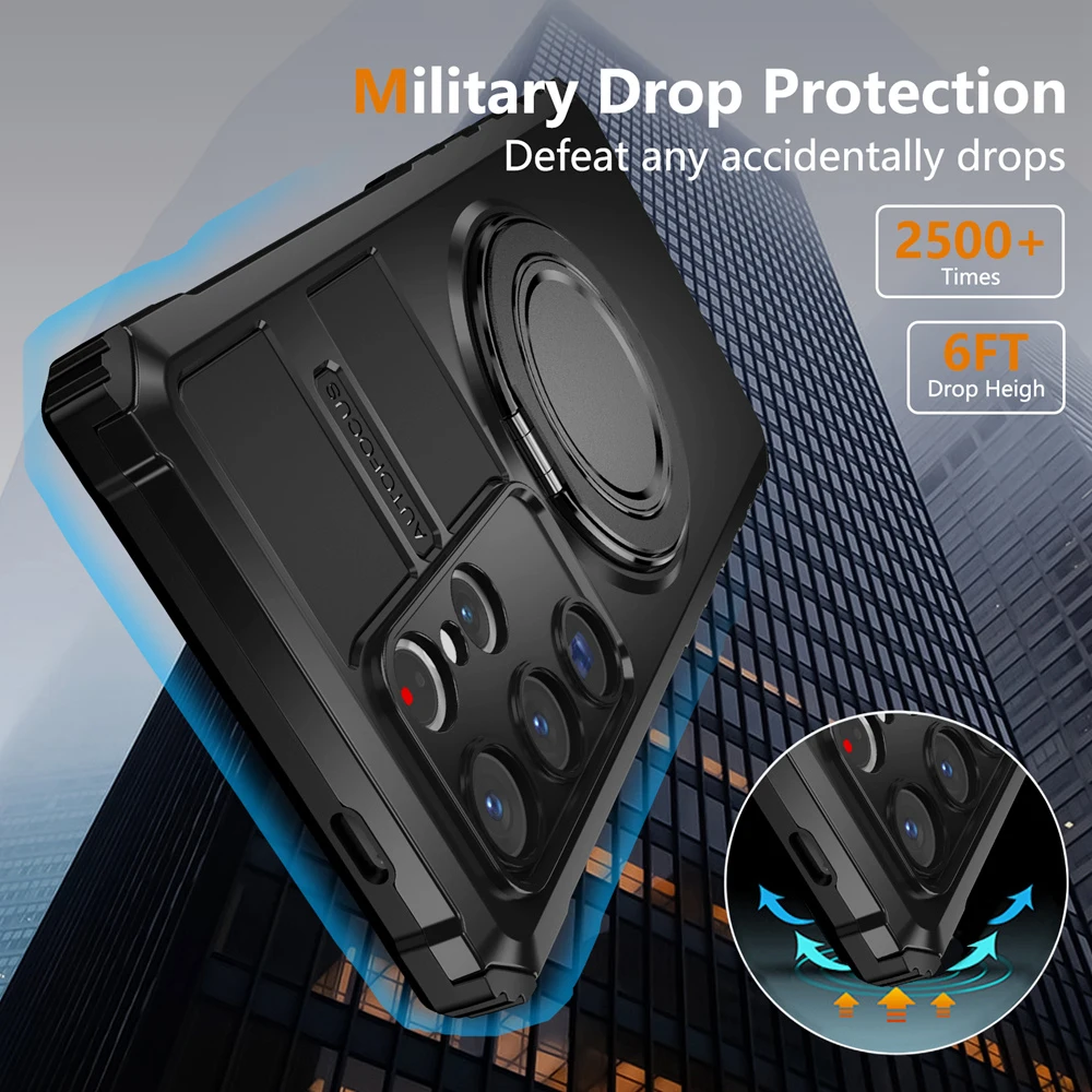 KEYSION Shockproof Armor Case for Samsung S24 Ultra 5G S23+ S22 S21 FE Magnetic Ring Stand Phone Cover for Galaxy Note 20 Ultra