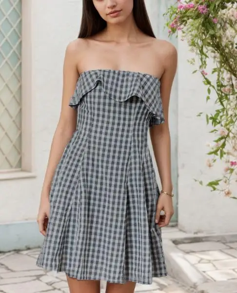 

Women's Dress with Intellectual Elegant Summer Style Printed Ruffled Edges and Spliced Waist Sleeveless Strapless Dress