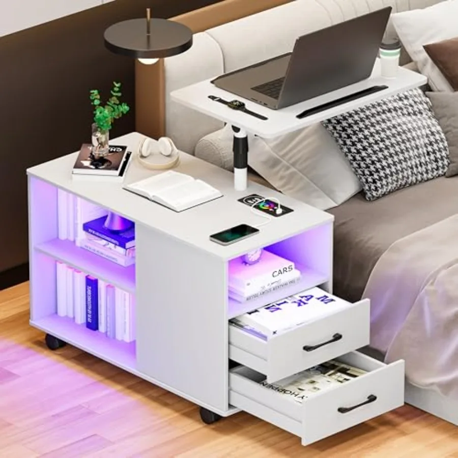 

Bedroom nightstand with 360 LED lighting, white ABS plastic, 24-color dimmable auto-sensor illumination and wireless charging s