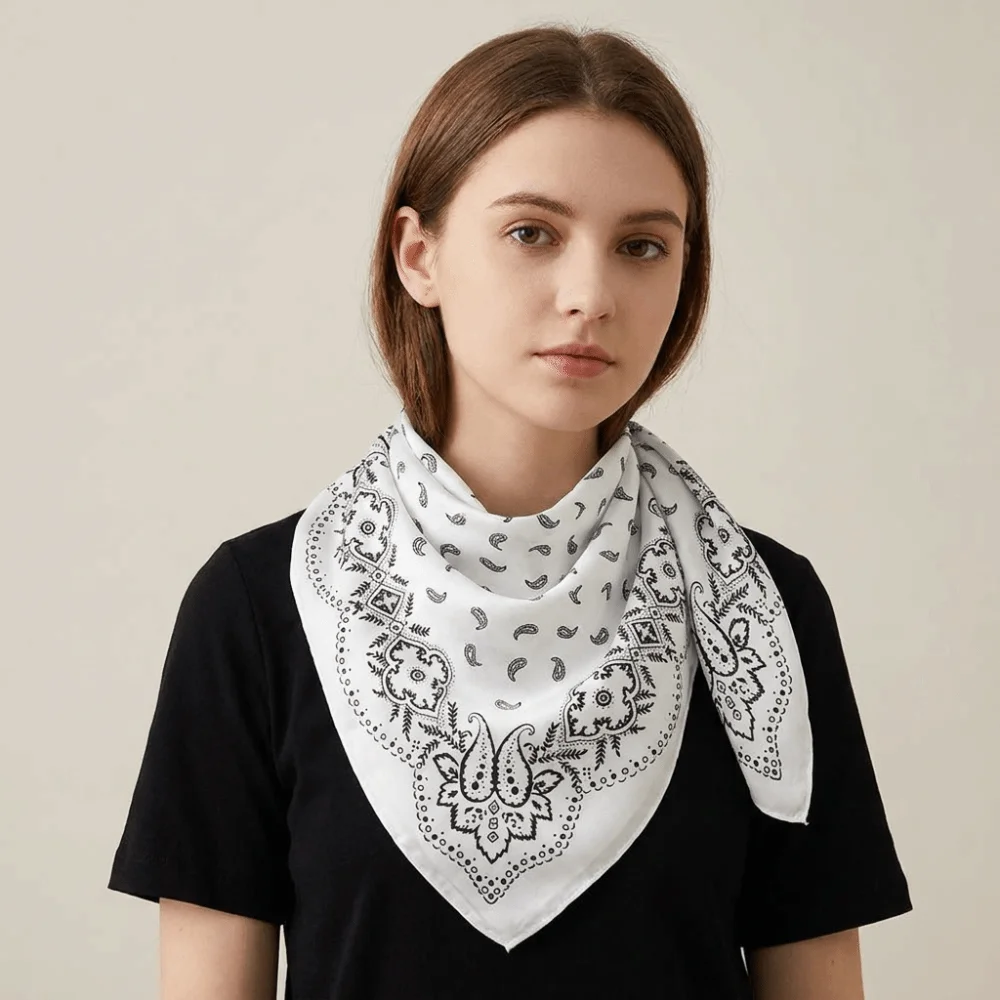 Elegant Y2K Cashew Flower Print Scarf Spicy Girls Geometric Shape Silk Scarf Korean Headband Satin Hijab Vacation