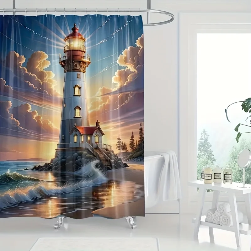 A Shower Curtain Featuring a Lighthouse Beach Scene with Multiple Size Options, Designed with a Beach And Sunny Sky, Perfect for