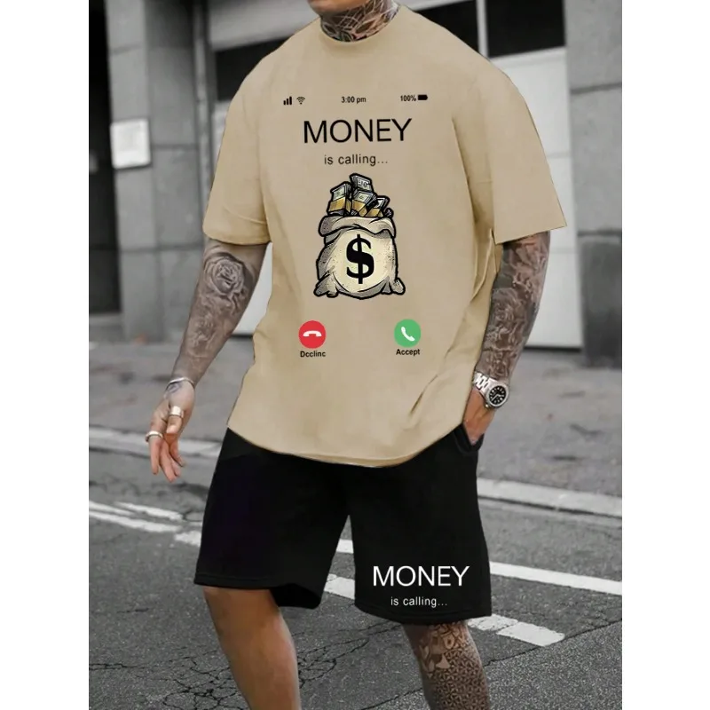 Men's Summer Two-piece Personalized Money Call Printed T- Shirt Casual Outdoor Sports Short Sleeve Shorts Men's Clothing