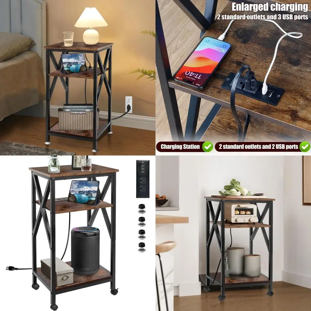 

Трехуровневый металлический приставной столик с зарядной станцией, 16x12x28, USB-портами и розетками, идеально подходит для гостиных