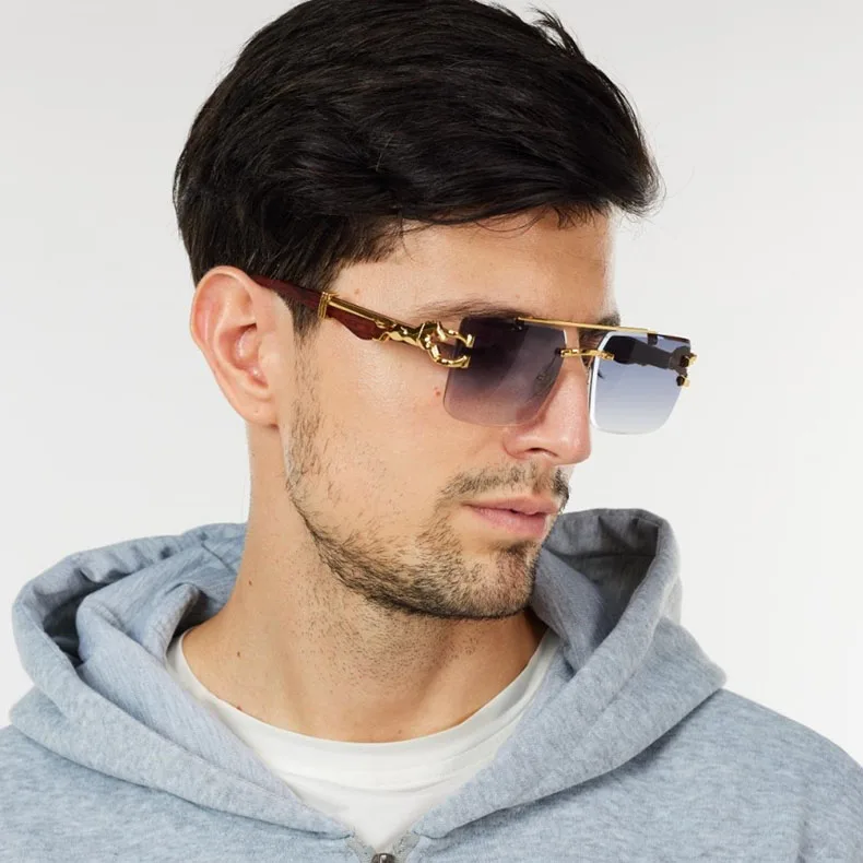 Holzmaserung Sonnenbrille Damen Trendy 2024 Randlose Sonnenbrille Herren Vintage Designer Mode-Brillen Lentes De Sol Mujer Zonnebril – Detail 7