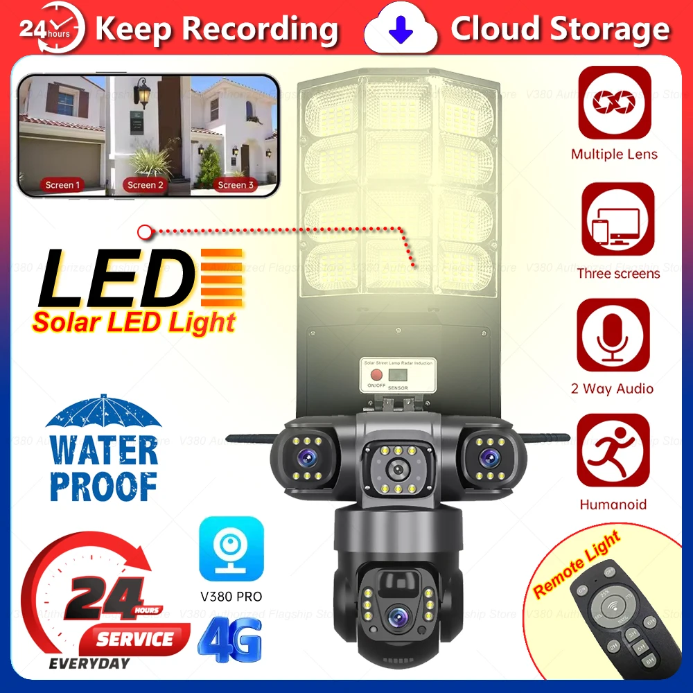 4G Solar Cameras with LED Street Light Outdoor Security Protection 3 Lens Remote Control PTZ Rotation Surveillance CCTV Monitor
