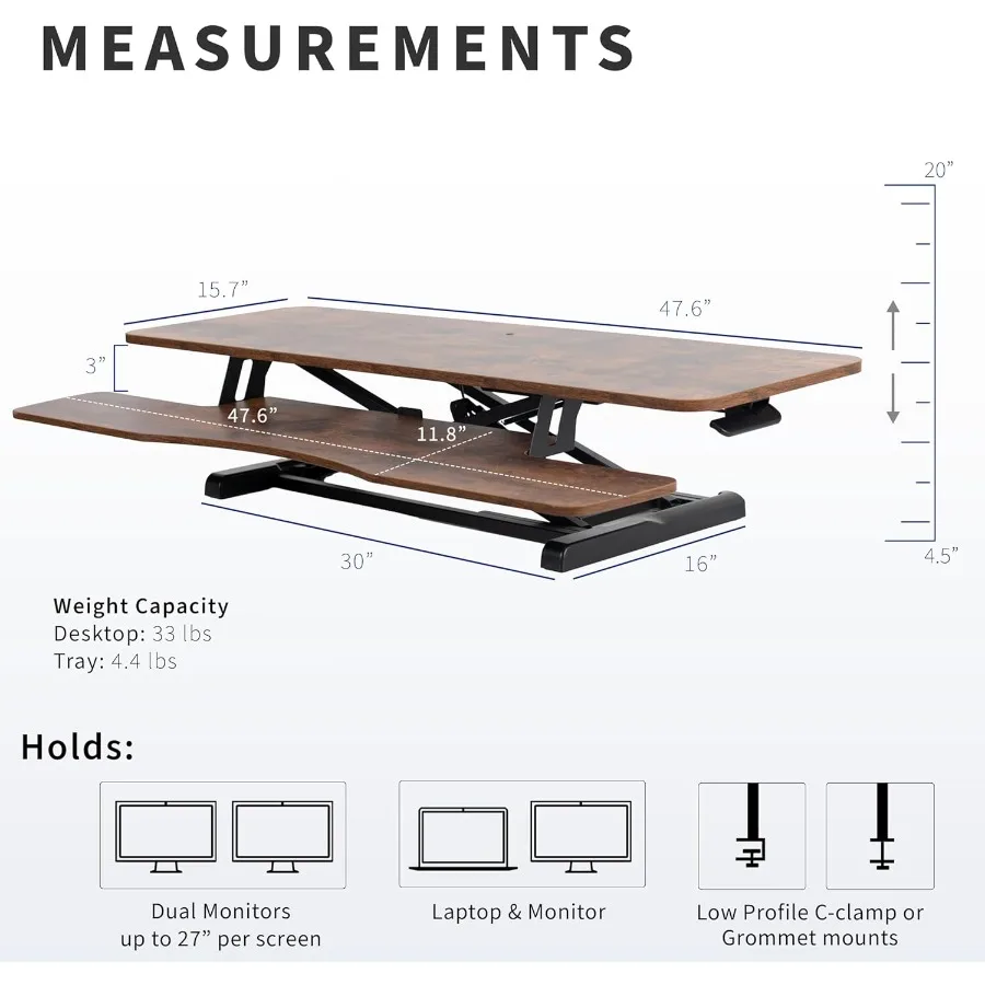 48 inch Height Adjustable Sit to Stand Desk Converter with Dual Monitor and Laptop Workstation Wide Keyboard Tray Rustic Vintag