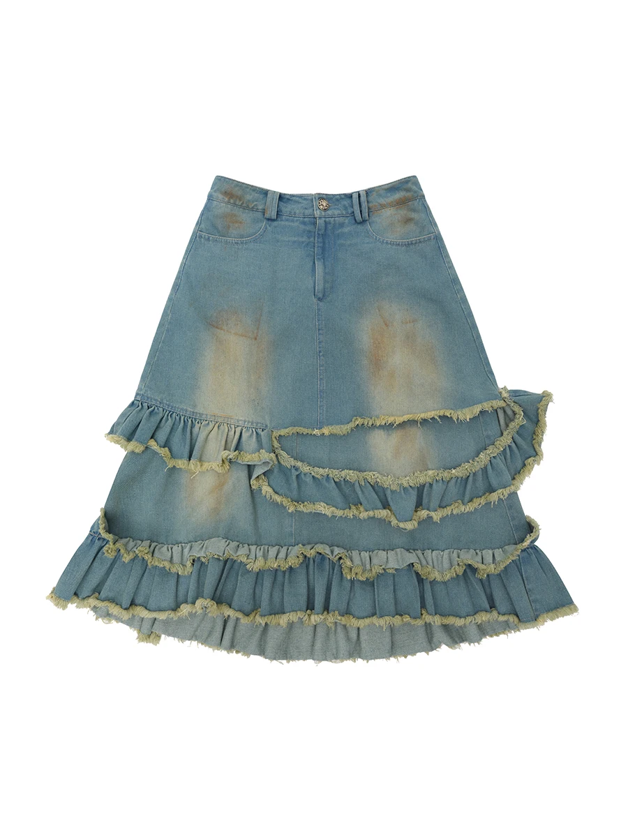 

CFIERCE Frayed Denim Skirt Mud Dye Cotton 00% Women's Faion Spring/Summer Skirts Casual Sli A-Line Skirts