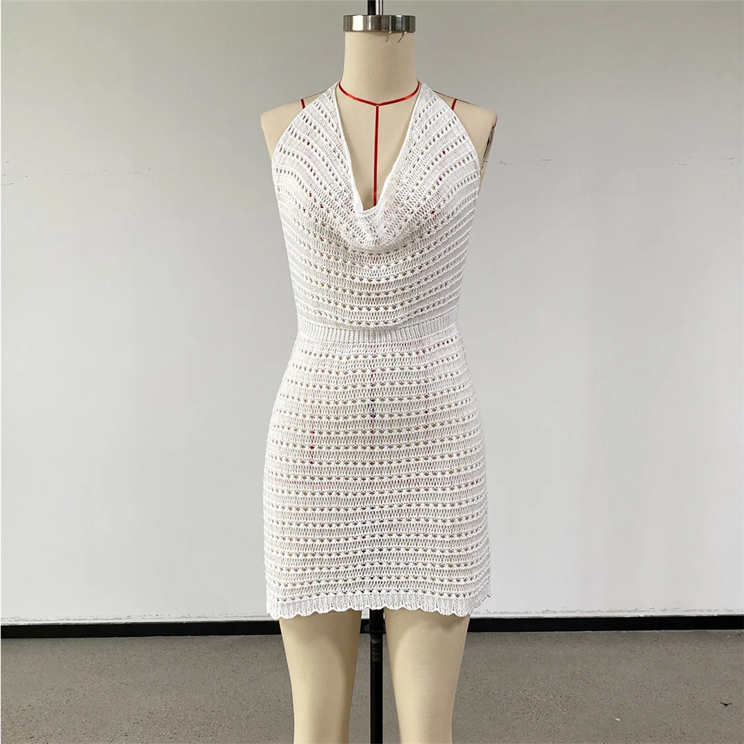 V-Ausschnitt, halterneck, rückenfrei, einfarbig, gehäkelt, gestrickt, Tunika, Strand-Überwurf, Strandkleid, Strandmode, Damen, V8374 – Detail 11
