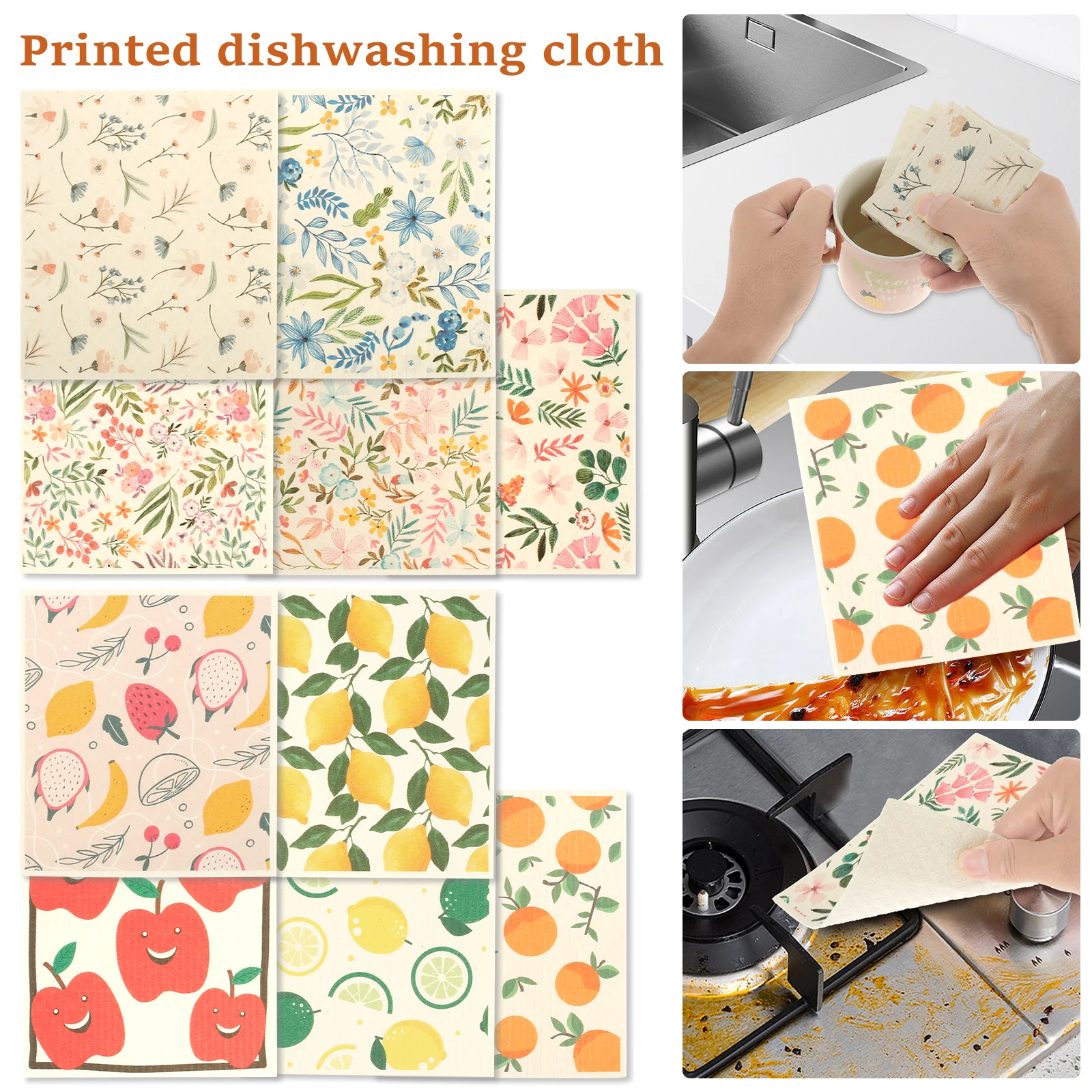 5PCS Kitchen Dishcloths Cartoon Printed Absorbent Dishcloth Swedish Dishcloths Reusable 7.7 X 6.7inch for Tableware Household Cl