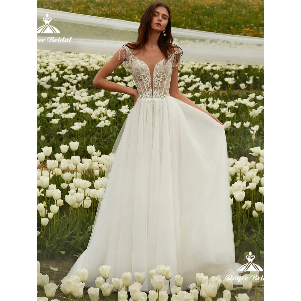 Roycebridal cuello en V una línea vestido de novia 2025 encaje corte tren vestido de novia personalizadogelinlikvestidos de fiesta vestido de festves