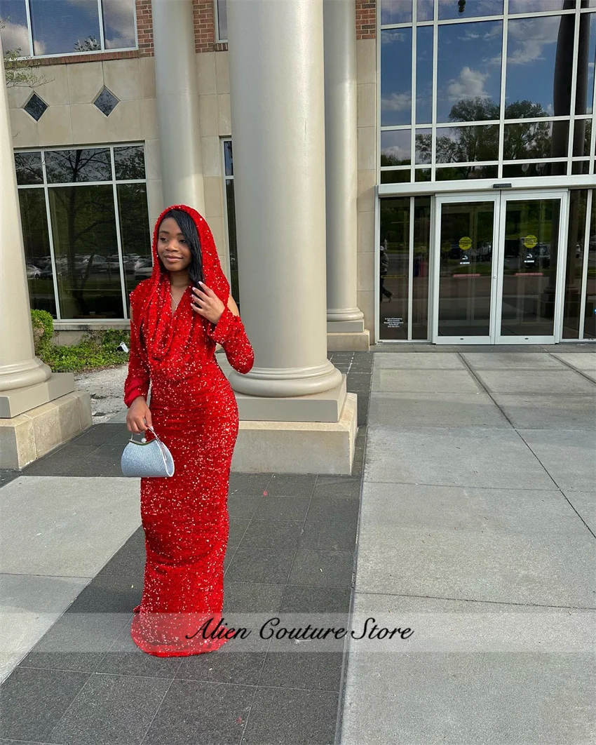 Abiti da ballo rossi Glitter 2025 con mantello due guanti con scollo a v paillettes abito da festa formale festa di ricevimento di nozze personalizzata