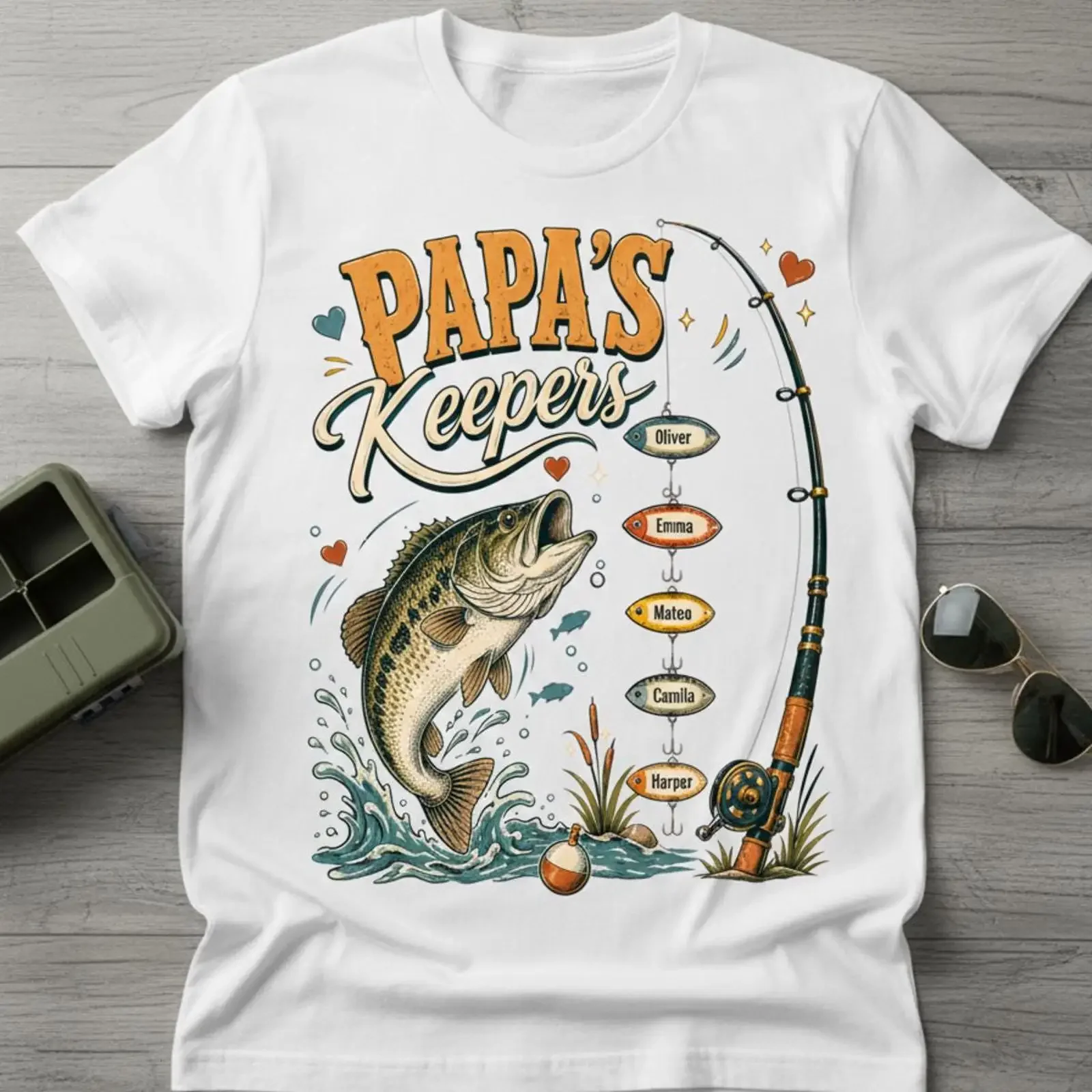 Papa's Keepers Personalized Fishing T Shirt Custom Grandkids Name Fisherman Father's Day Grandpa Papa vintage Washed Unisex