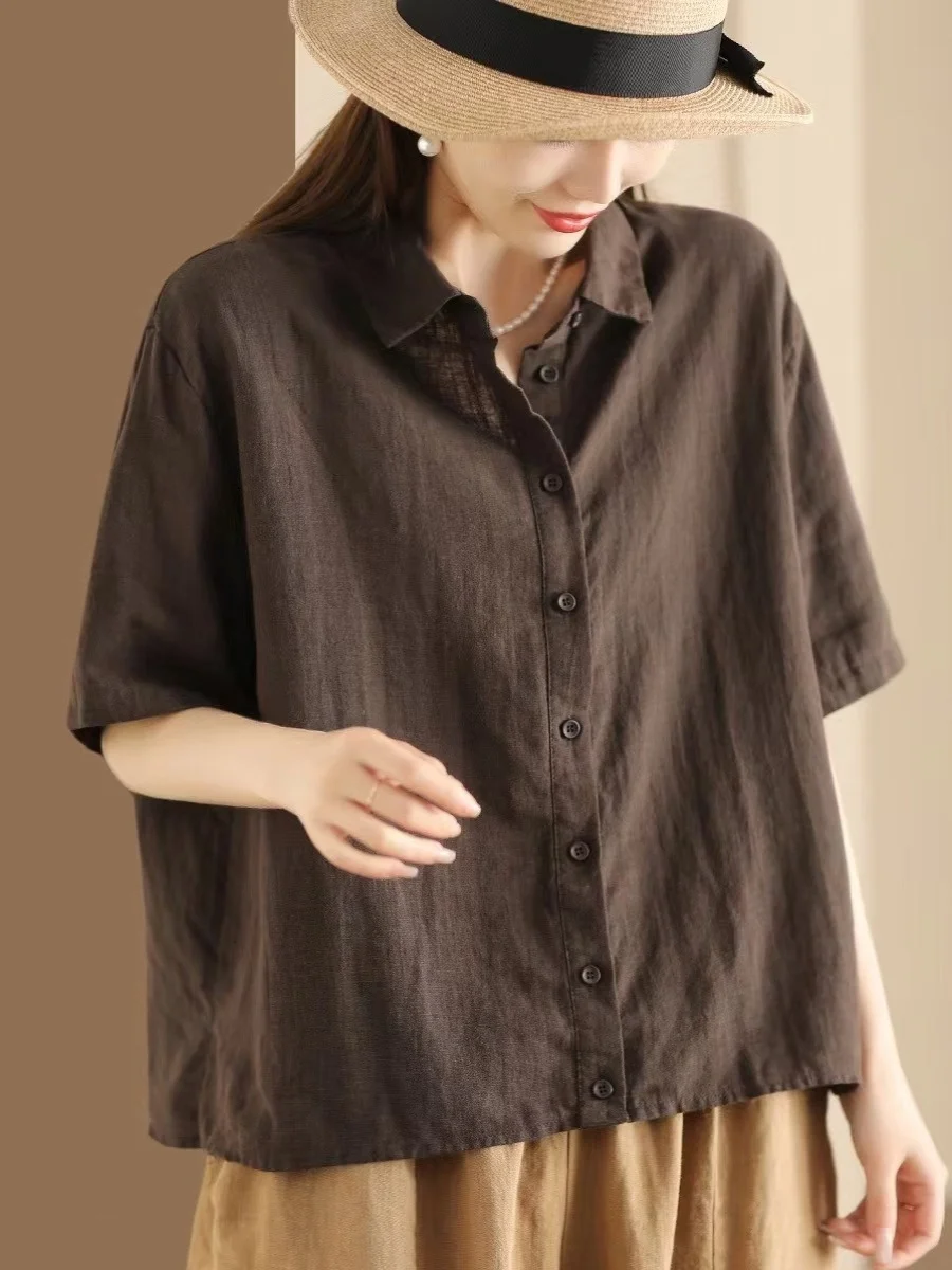 

Loose Cotton Linen ort Sve Women's irt Summer Sle Small Size Vintage Art Casual Top Buttoned Pure Color Collar