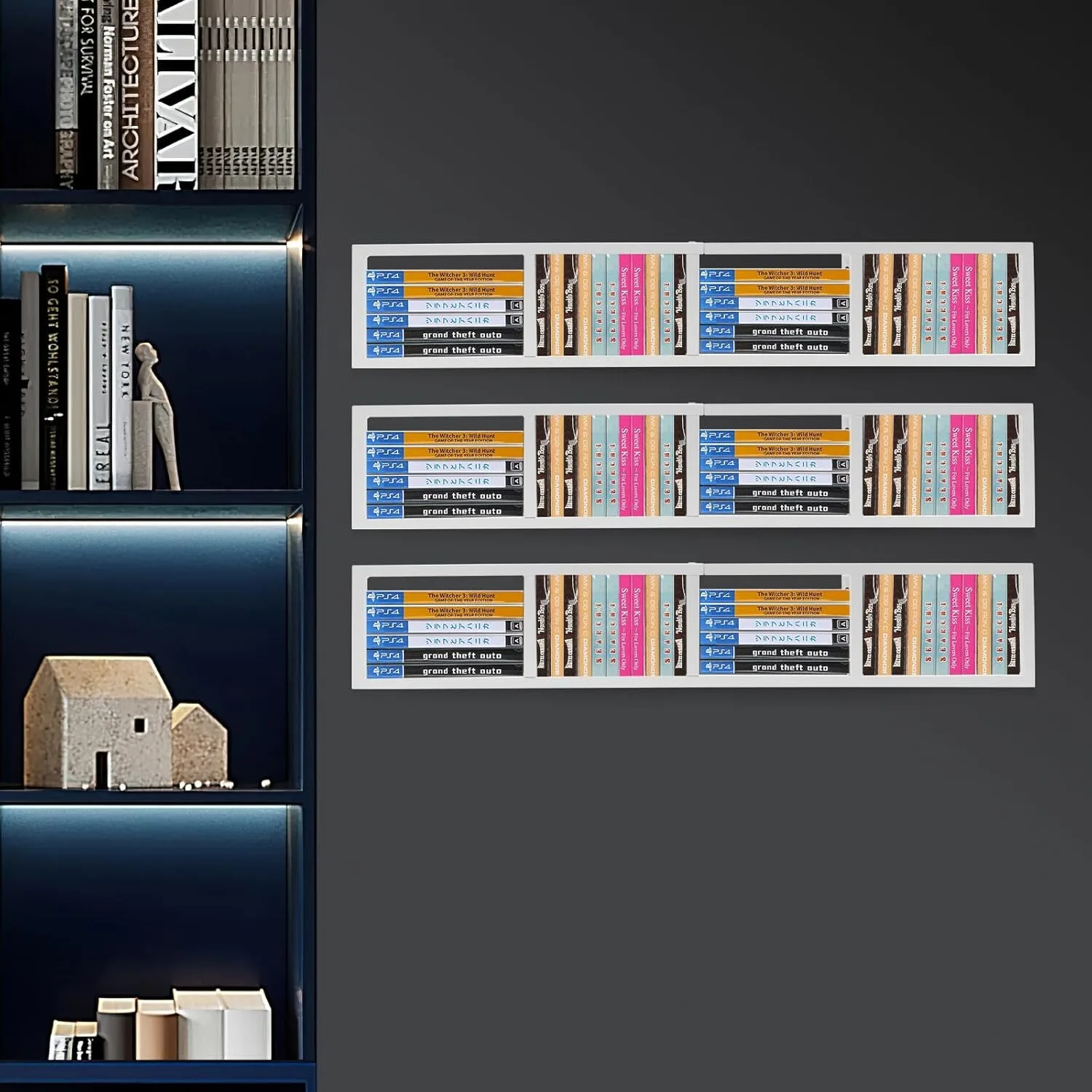 

34Inch Wall Mount Media Storage Rack, Open Design Metal Floating Shelf-CD/DVD & Video Game Organizer,Home Study Bedroom,2, White