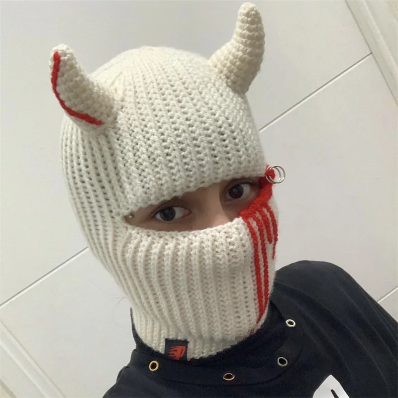 Balaclava Hat Handmade knitting horn hat pullover hat for Party Funny Beanie Skullies Cap for Women Men Pure Handmade