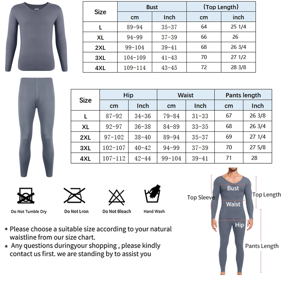 L-4XL Winter Men\'s Brushed Thermal Underwear V-Neck Long Sleeve Top Bottoming Pants Set Seamless Comfortable Pajamas 2Pcs New In