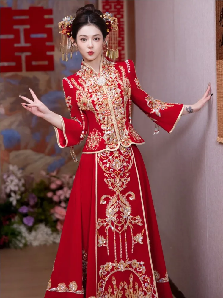 

New velvet wedding dress Chinese-style bride's dragon and phoenix gown grand luxurious toasting
