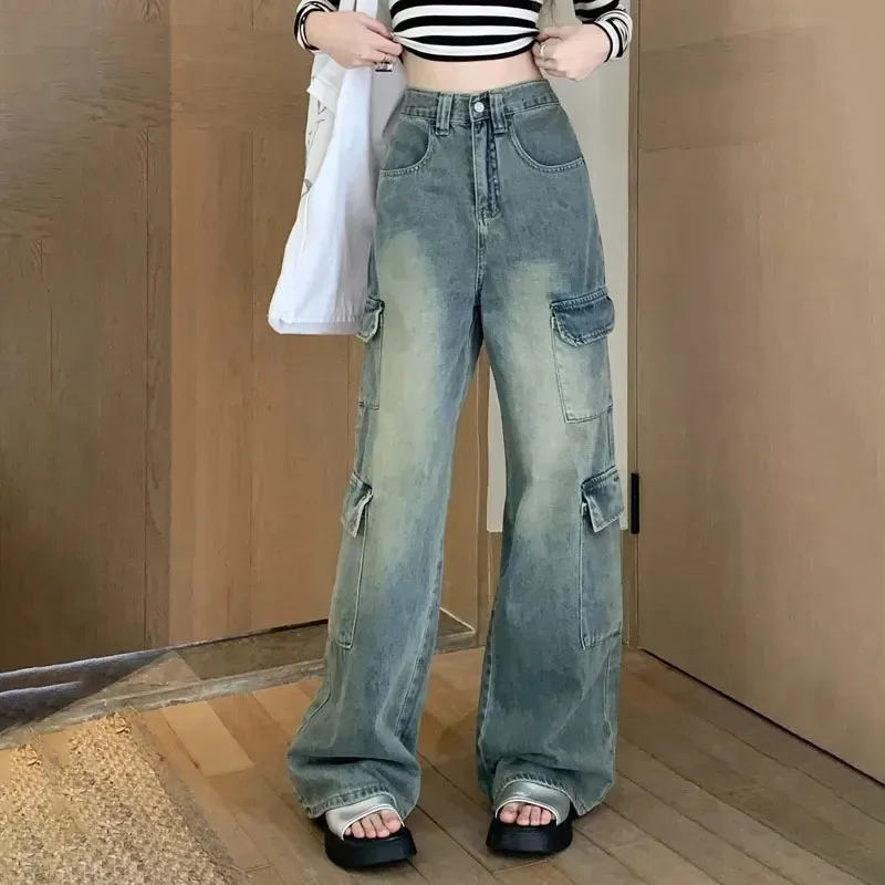 

Vintage Tooling Jeans Women's Spring Summer New Sweet Cool Loose High Waist Slimming Straight Leg Wide Denim Leg Pants