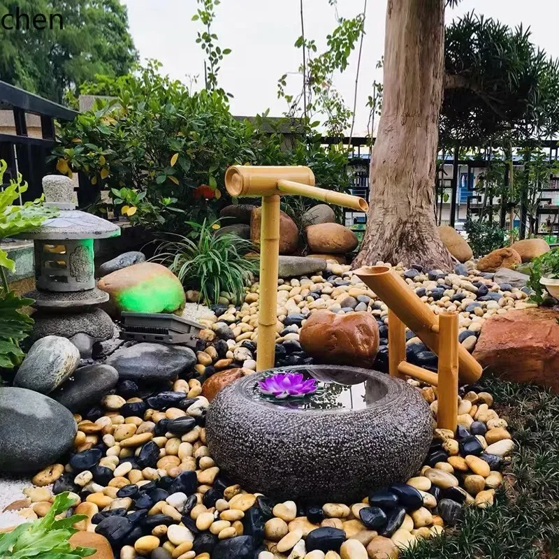 HT  Outdoor Landscape Stone Water Flow Ornament Bamboo Raft Stone Bowl Stone Basin Courtyard Decoration
