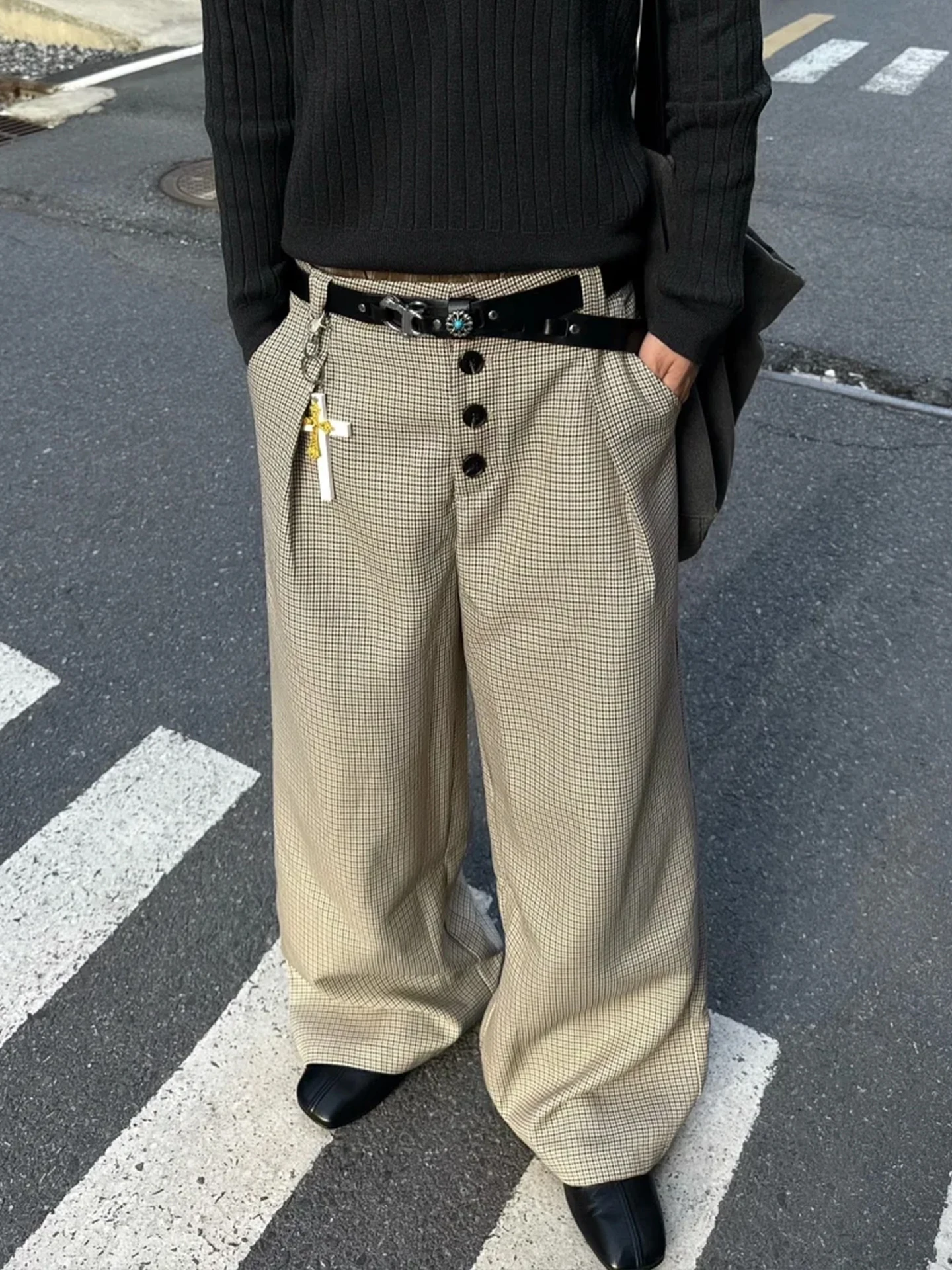 

Classic Plaid A-Line Wide Leg Men's Trousers Retro Sle Pleated Cuffed Commuter Pants ex Autumn Spring Faion