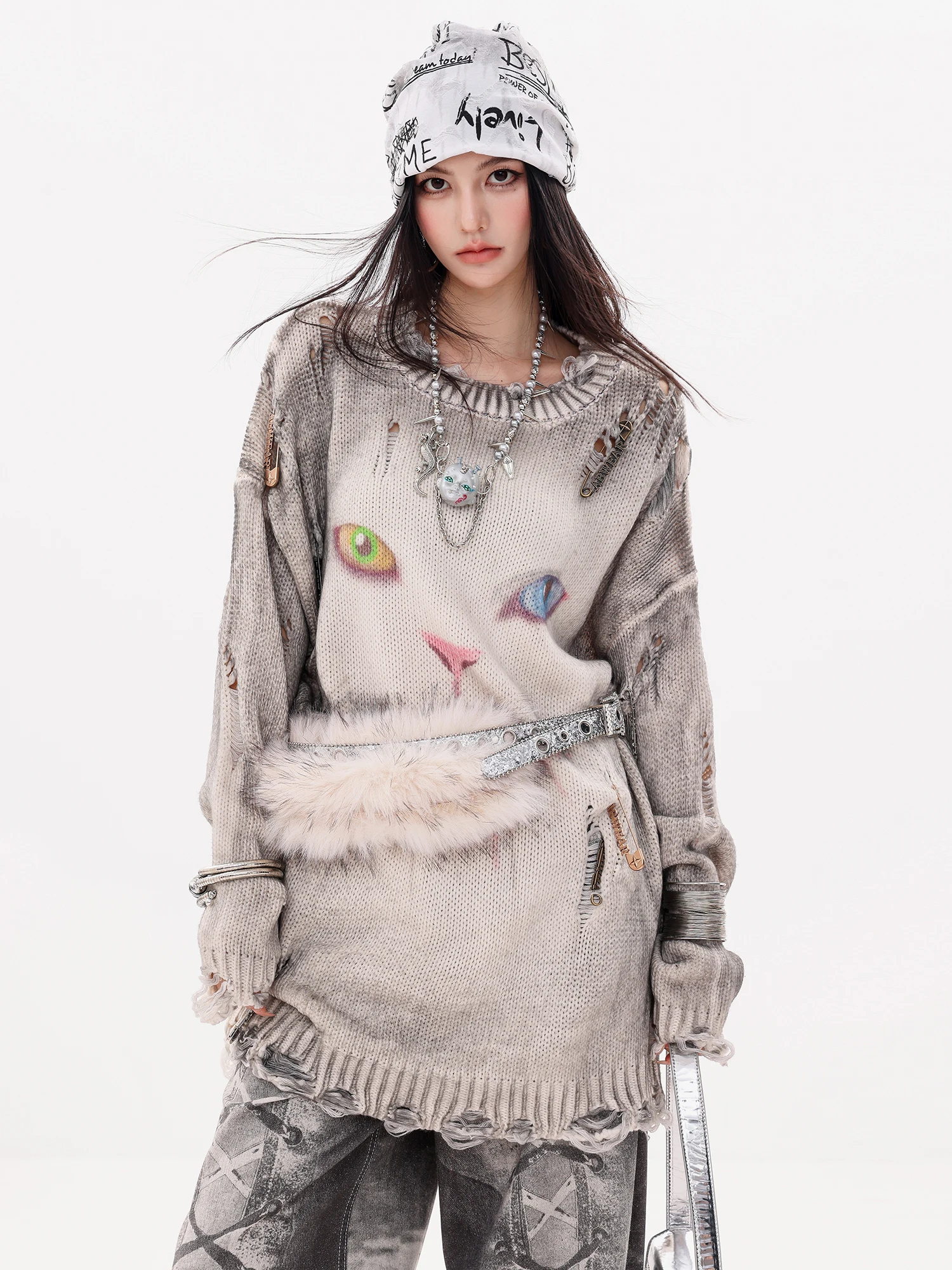 

ABWLR Lazy Menger Original: Новый осенне-зимний женский свитер свободного кроя с круглым вырезом и узором «косы» для повседневной носки