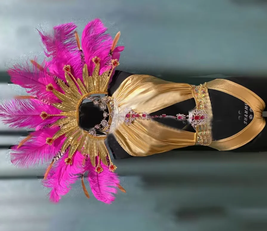 

Sexy Drag Queen Costume Gold Cutout Rhinestones Bodysuit Feather Headgear Stage Show Performance Wear Festival Outfit