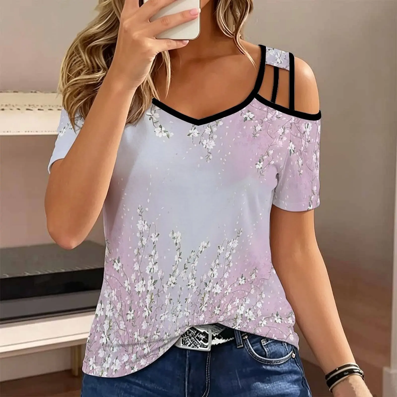 Plus Size Elegance Slim Print Cold Shoulder Top  Summer Ladies V Neck Short Sleeve T-shirt Fashion Casual Female Clothing