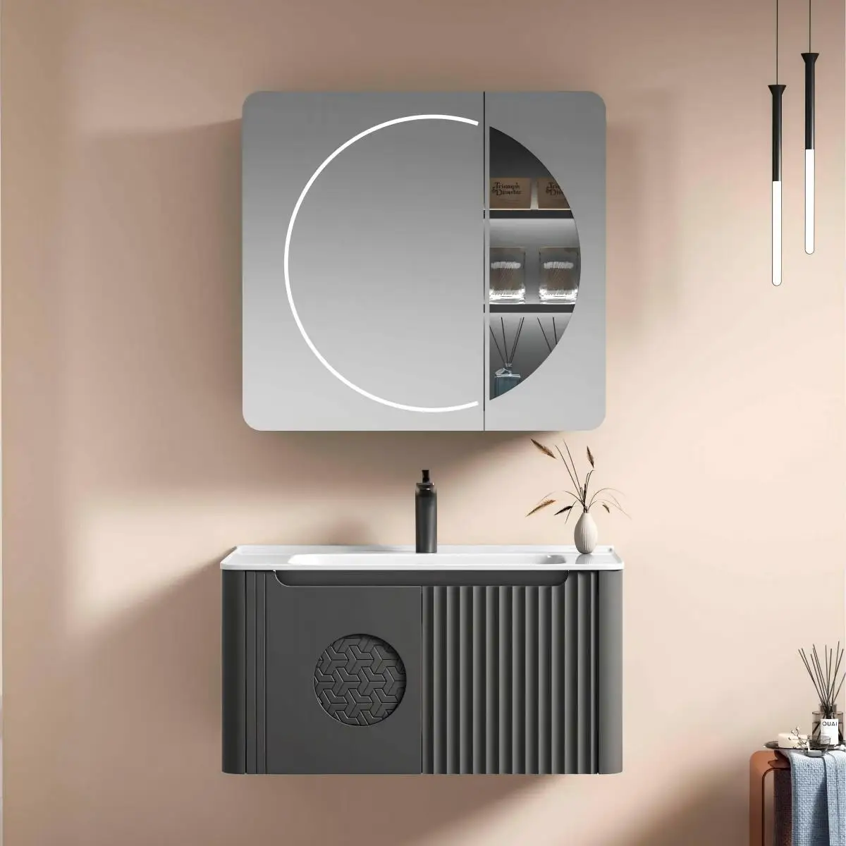 

Современный зеркальный шкаф для ванной 80 см из углеродистой стали с LED-подсветкой и функцией удаления запотевания, роскошная керамическая раковина для дома или отеля