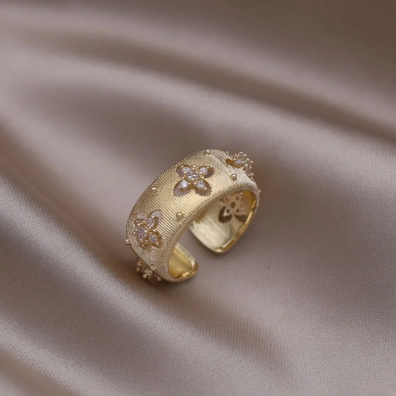 French new design fashion 14K gold plated hollow flower zircon open ring elegant women's daily work accessories