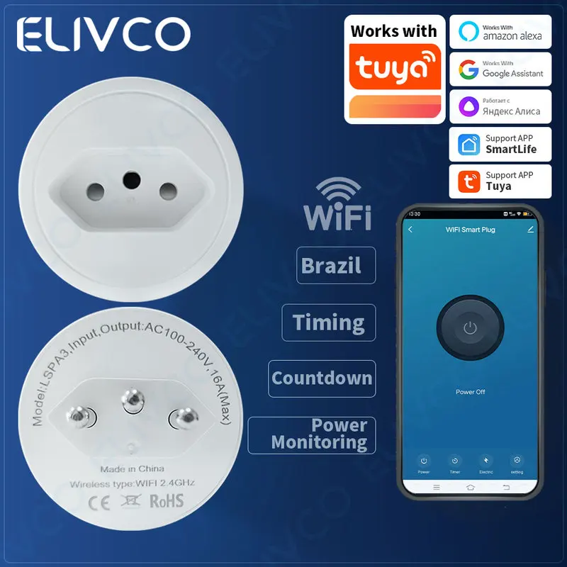 Brazil Smart Plug WiFi Socket 16A Power Monitor Timing Function Tuya SmartLife APP Control With Alexa Google Assistant