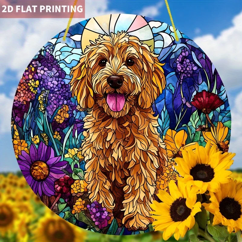 Atrapasol 2D Plano, Impresión 2D Plana, 1 Pieza, Adorable Atrapasol Goldendoodle, Atrapasol Vibrante con Diseño de Jardín Floral, 7.87x7.87 Pulgadas para Colgar en Ventanas