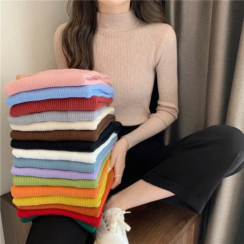 Elegant Half Turtleneck Women's Sweater Autumn Winter Pullover Slim Bottoming Knitted Tops Casual Long Sleeve Jumper Pull Femme