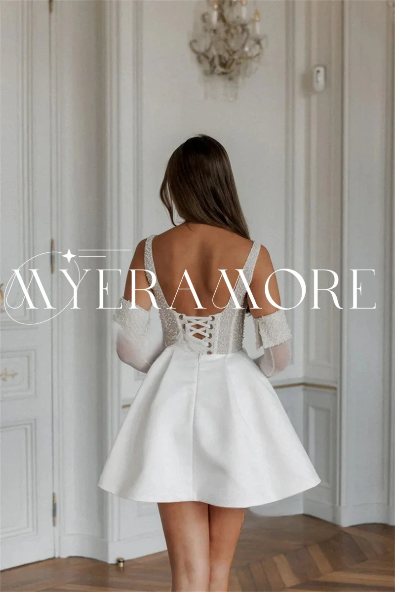 Simples cetim curto vestidos de casamento 2025 cintas de espaguete pérolas uma linha luvas longas vestidos de noiva personalizado vestidos de novia