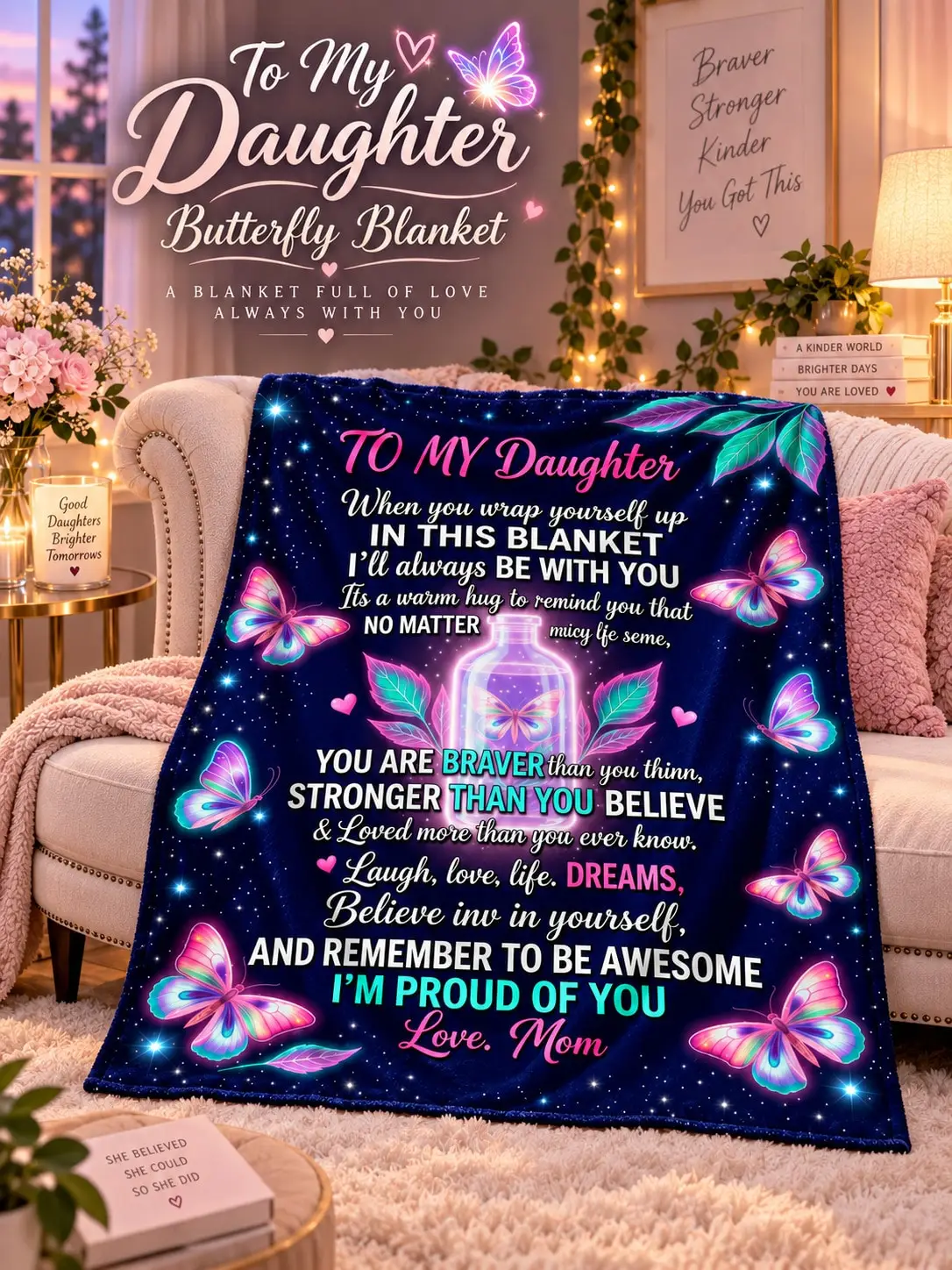 Daughter Flannel Blankets & Throws Butterfly Bottle Love Message Gift From Mom for Birthday Christmas Thanksgiving Halloween Anniversary Holiday Sofa Bed Couch Nap Travel Reading Bedroom Living Room Home Decor Family Party Dorm Office Camping Picnic