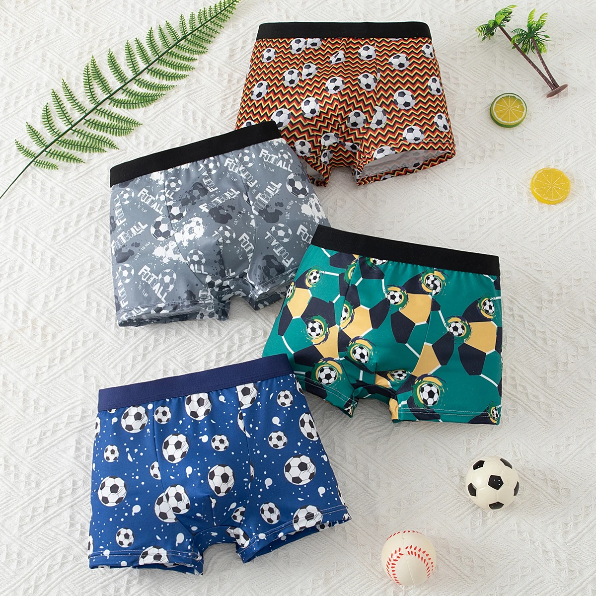 4-Piece Set of Boys' Four Season Football Print Handsome Underwear Children's Soft Boxer Shorts Cute and Comfortable Home Shorts