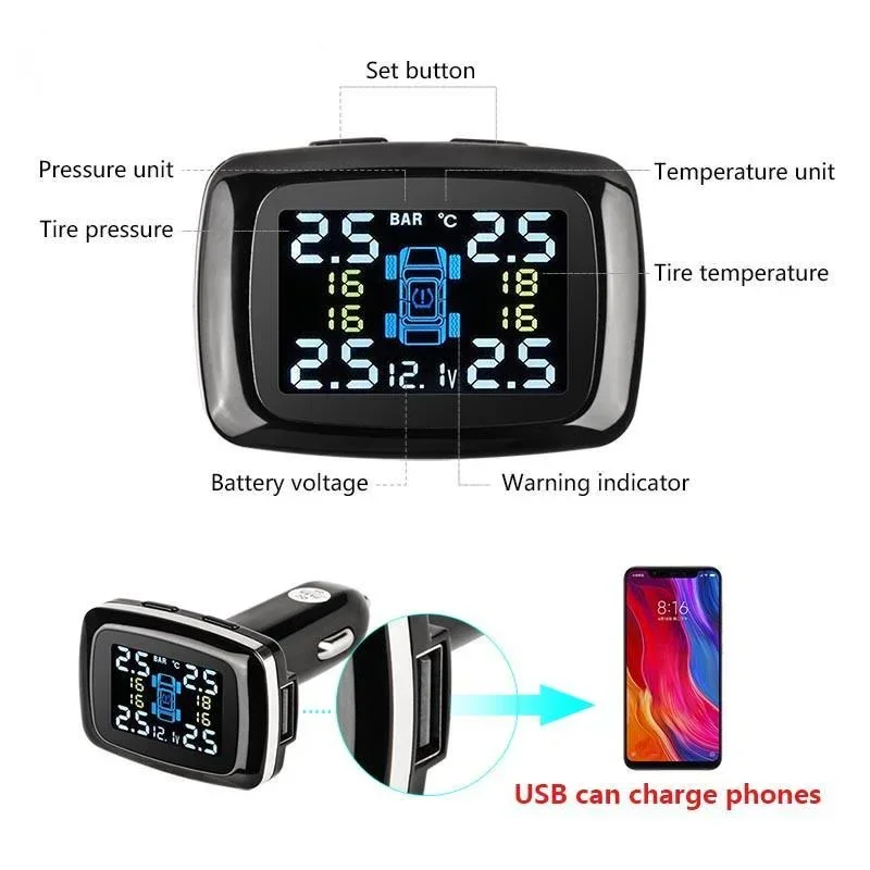 Carro TPMS Tire Pressure Monitor System, cigarro isqueiro Alarme, Display USB, Auto Sensor de Segurança, Decoração Acessórios