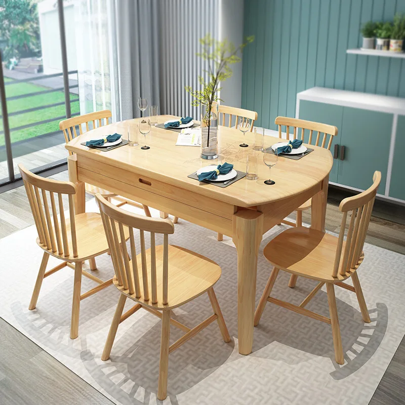 Nordic solid wood dining table and chair set, small apartment retractable jump platform, dual-use natural wood dining table