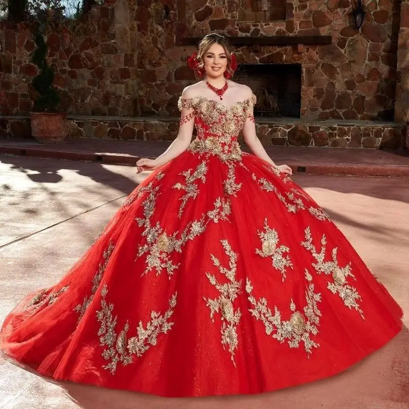 

Mexican Red Quinceanera Dress Ball Gown Shiny Gold Floral Applique Beading Corset Sweet 16 Vestidos De XV 15 Anos