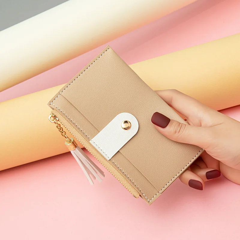 Korean Version Multi-compartment Ladies Card Holder PU Leather Contrast Tassel Mini Purse with Snap Female Fresh Wallets