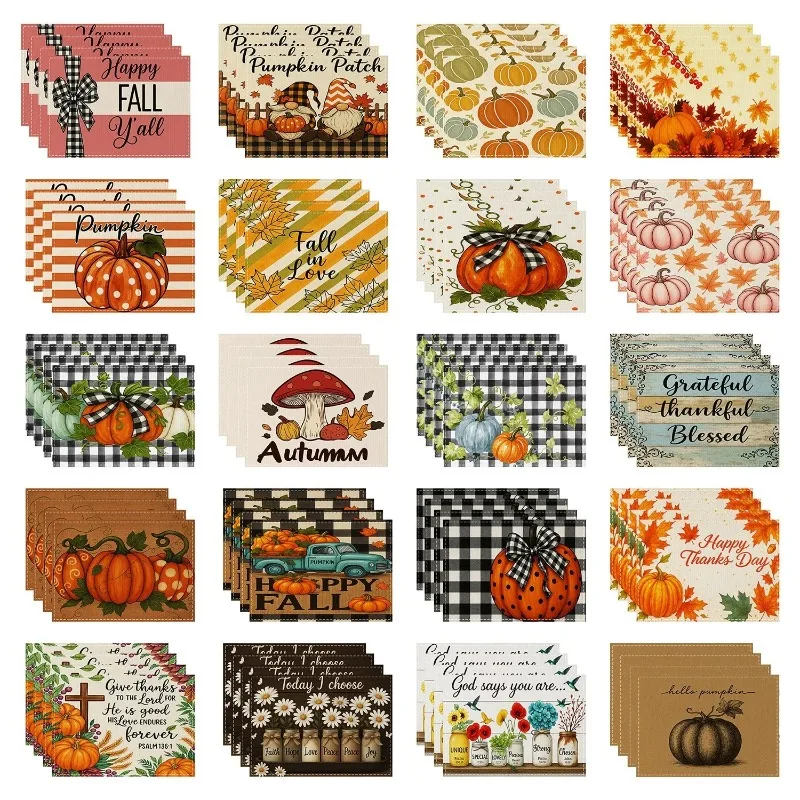 4/6/8 Stück Thanksgiving Kürbisblatt Türkei Herbst Leinen Tischset Quadratische Tischsets für Herbst Party Festival Küchendekoration