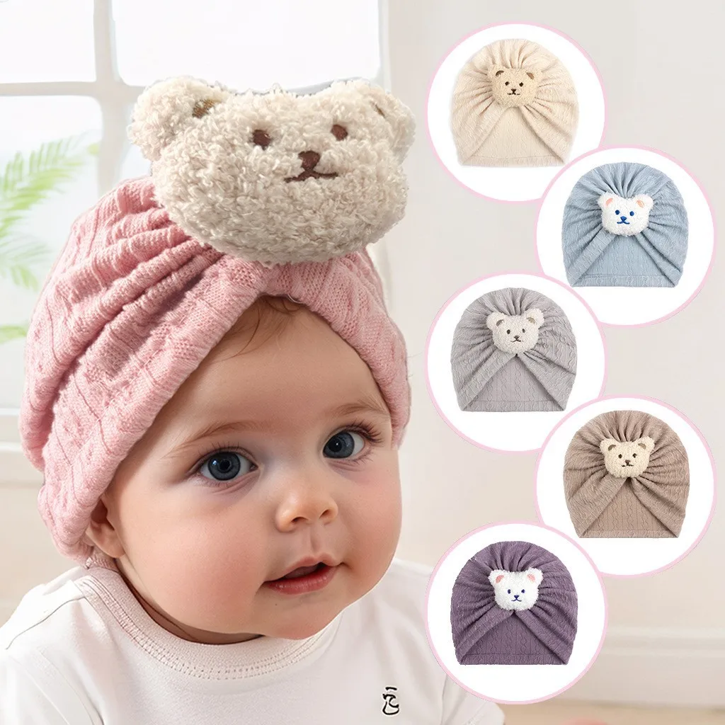 

Korean Bear Newborn Indian Hat Autumn Warm Baby Beanie Solid Color Infant Elastic Turban Cap Kids Headscarf Headwear Skull Cap