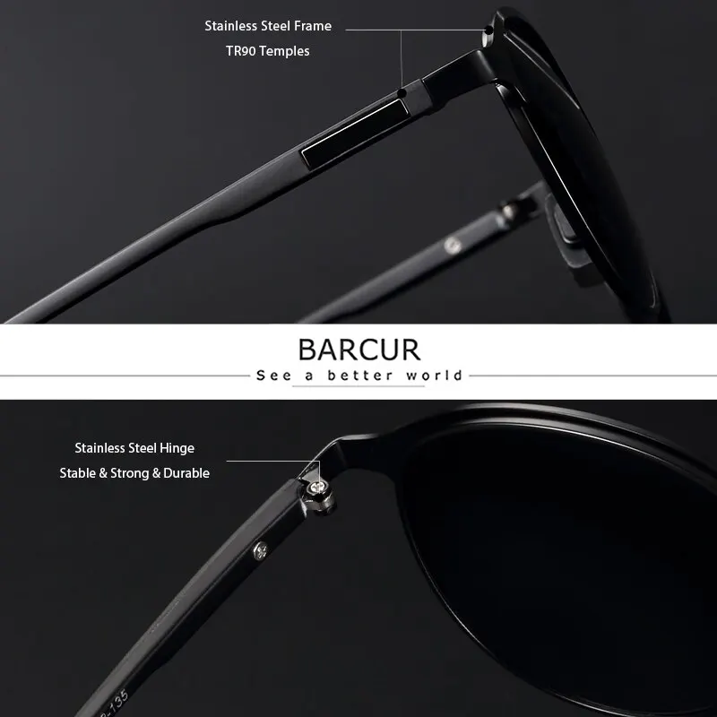 BARCUR TR90 Temples Sunglasses Women Polarized Fashion Sun Glasses Driving Round Ladies Sunglass