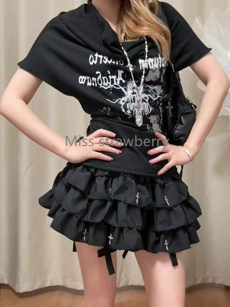 ฤดูร้อนGothic Slimสีดําพิมพ์เสื้อยืดผู้หญิงสาวร้อนY2kใหม่แขนสั้นTeesหญิงHigh Street Retroความงามเสื้อผ้า