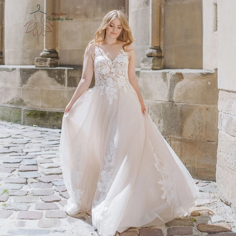 

Plus Size Wedding Dress Simple V-Neck Spaghetti Straps Bride Gown Lace Applique A-Line Vestidos De Novia Tallas Grandes Mujer